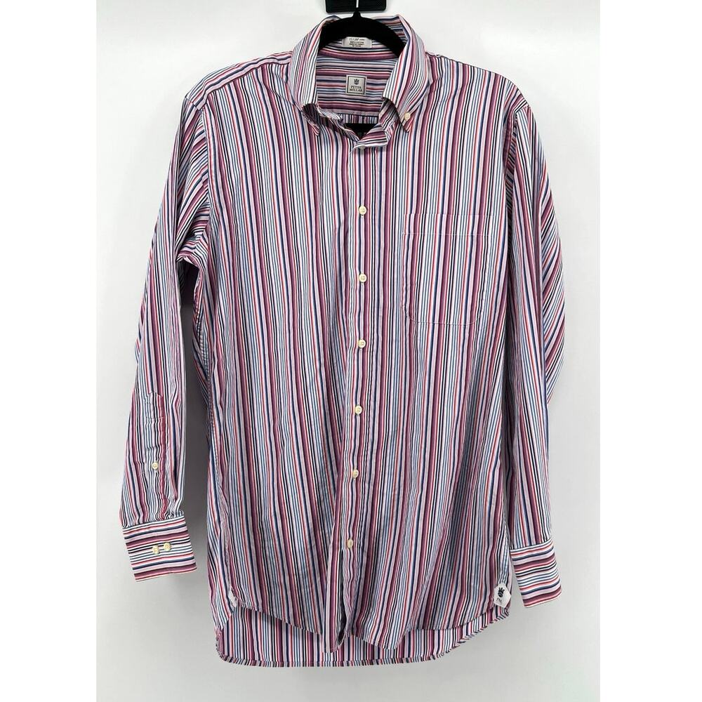 Peter Millar | Button Down Shirt Pink Navy Blue Striped Cotton Preppy Men's S 15